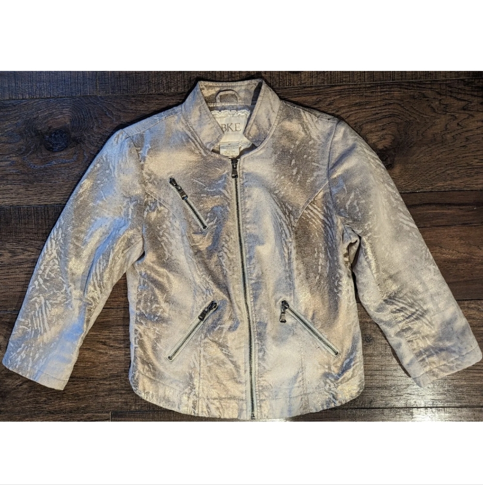 BKE Women's Tan/Gold Pleather Suede Zip Up Jacket w/ Accent Zippers Size Medium.